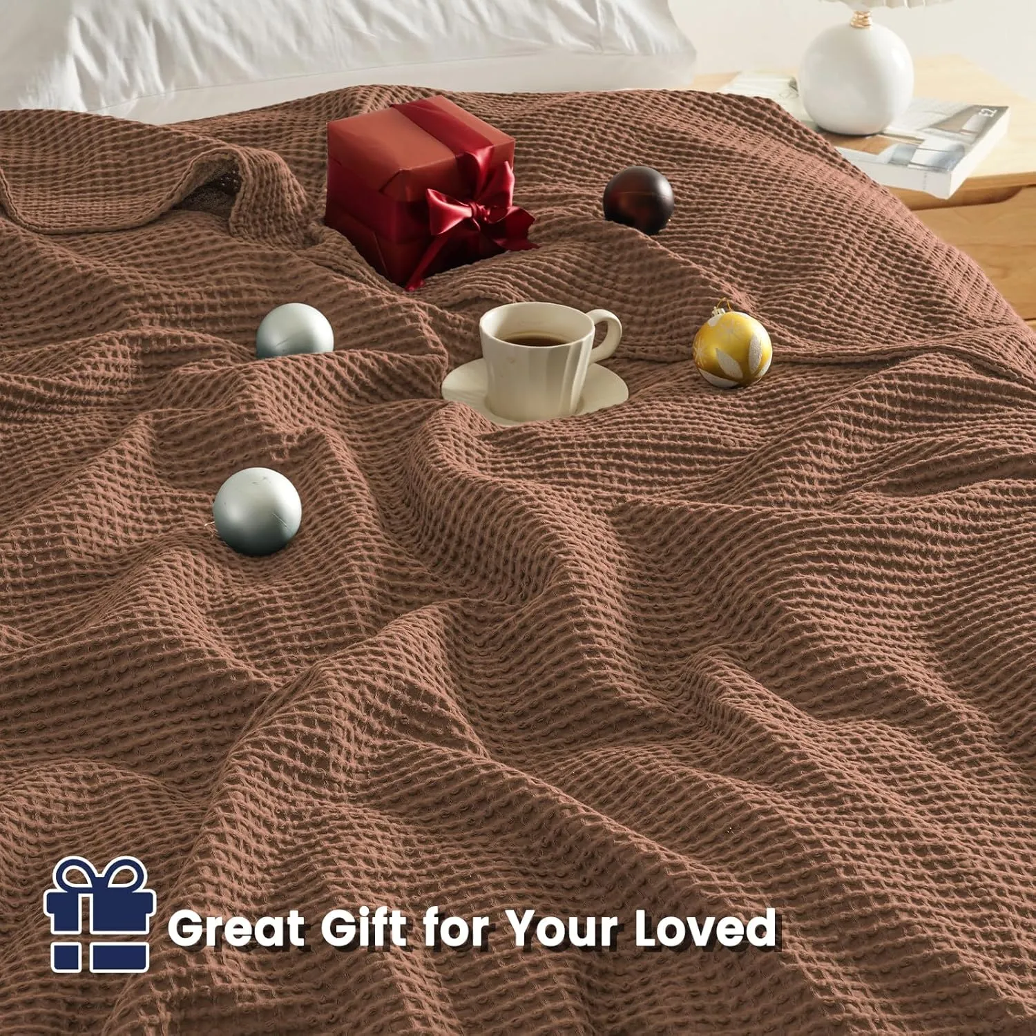 PHF Pre-Washed Cotton Waffle Weave Blanket Queen Size for Bed,Snag Proof Throw Blanket for Couch Spring Summer Lightweight Breathable,Oeko-TEX Certified,Machine Washable, Home Decor Gift，Cappuccino