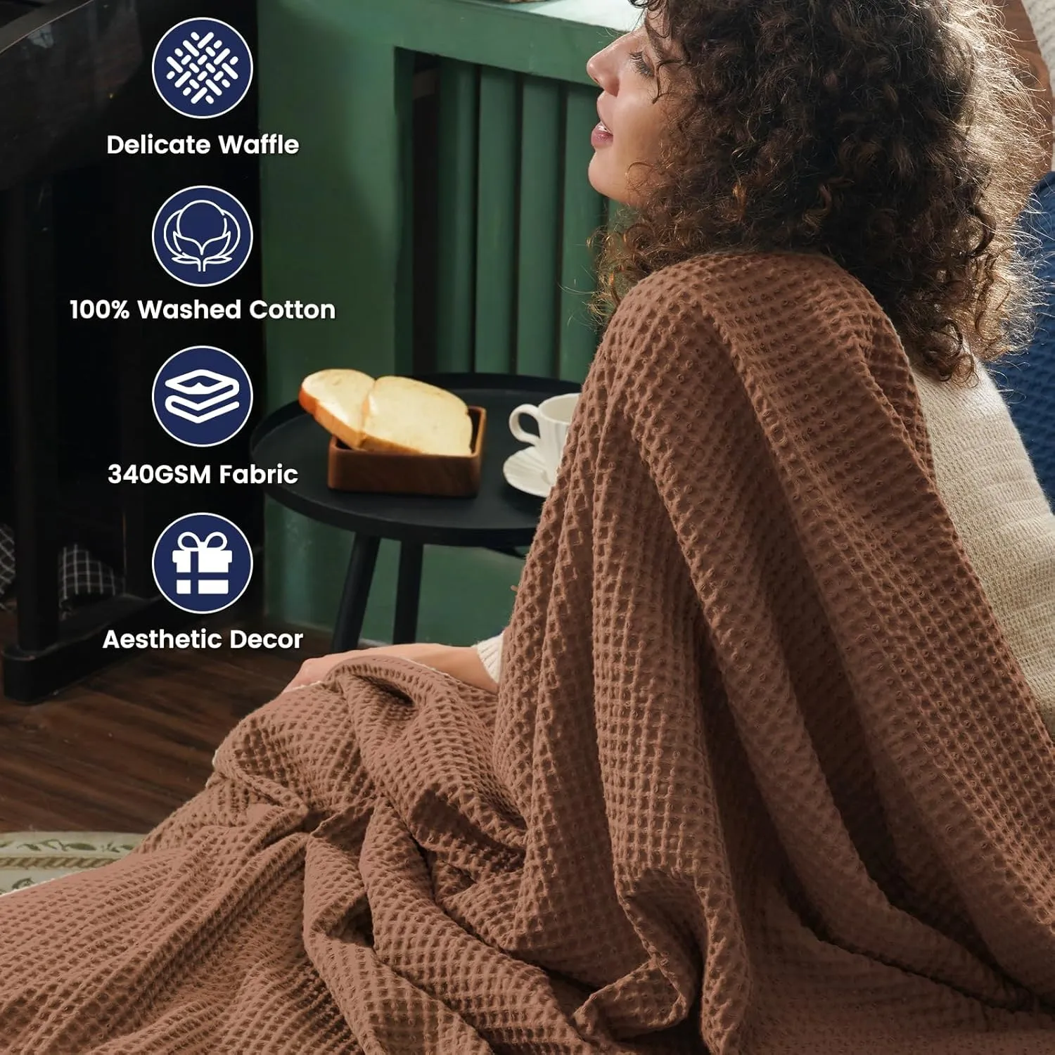 PHF Pre-Washed Cotton Waffle Weave Blanket Queen Size for Bed,Snag Proof Throw Blanket for Couch Spring Summer Lightweight Breathable,Oeko-TEX Certified,Machine Washable, Home Decor Gift，Cappuccino