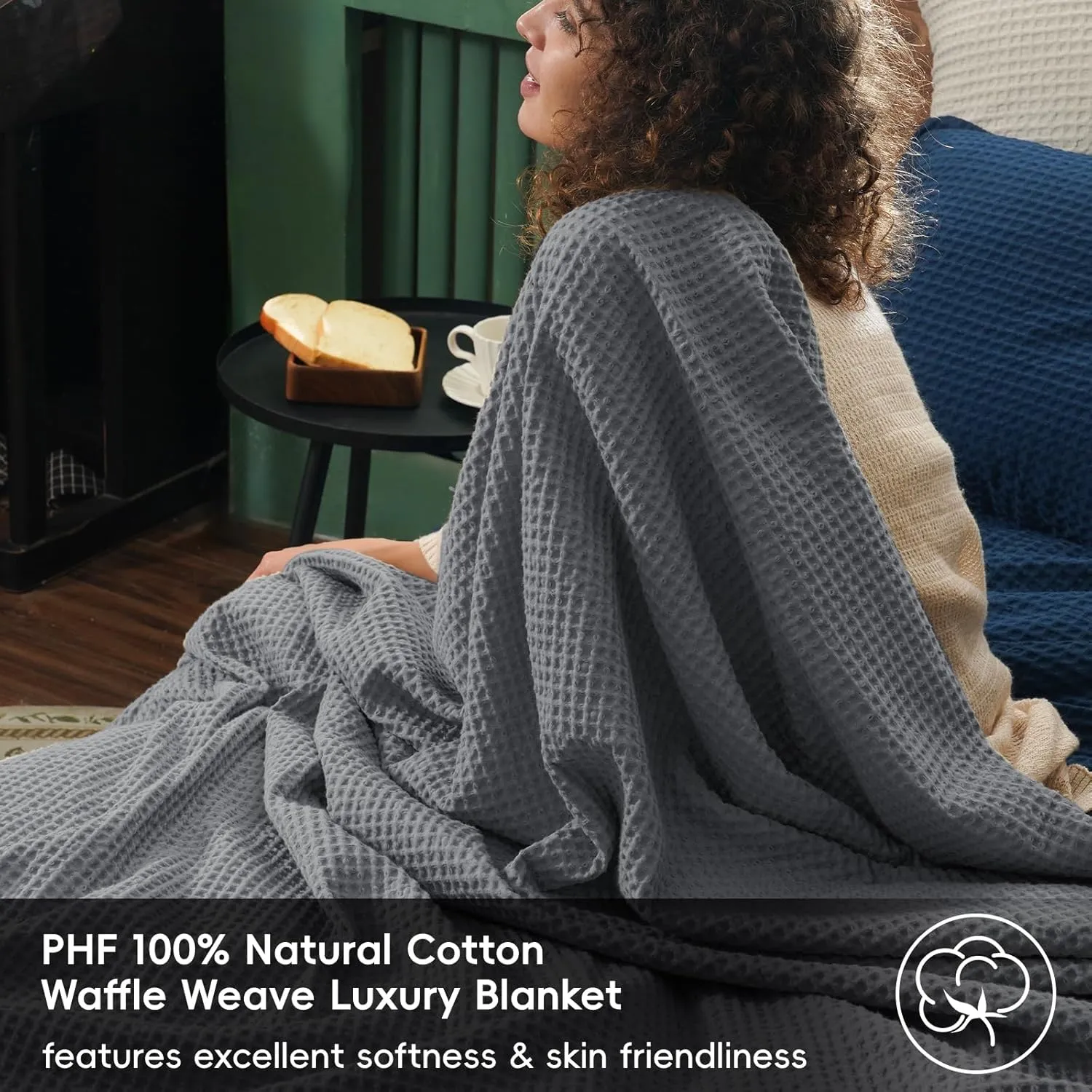 PHF Pre-Washed Cotton Waffle Weave Blanket Queen Size for Bed,Snag Proof Throw Blanket for Couch Spring Summer Lightweight Breathable,Oeko-TEX Certified,Machine Washable, Home Decor Gift，Charcoal