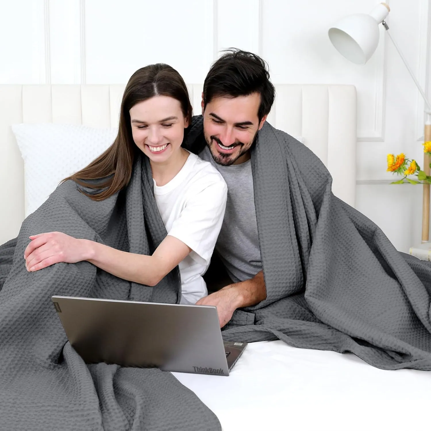 PHF Pre-Washed Cotton Waffle Weave Blanket Queen Size for Bed,Snag Proof Throw Blanket for Couch Spring Summer Lightweight Breathable,Oeko-TEX Certified,Machine Washable, Home Decor Gift，Charcoal