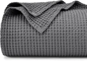 PHF Pre-Washed Cotton Waffle Weave Blanket Queen Size for Bed,Snag Proof Throw Blanket for Couch Spring Summer Lightweight Breathable,Oeko-TEX Certified,Machine Washable, Home Decor Gift，Charcoal