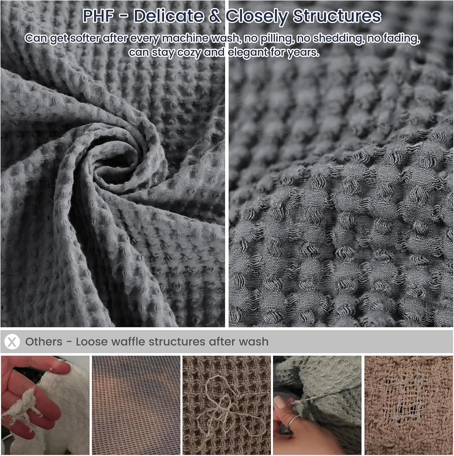 PHF Pre-Washed Cotton Waffle Weave Blanket Queen Size for Bed,Snag Proof Throw Blanket for Couch Spring Summer Lightweight Breathable,Oeko-TEX Certified,Machine Washable, Home Decor Gift，Charcoal