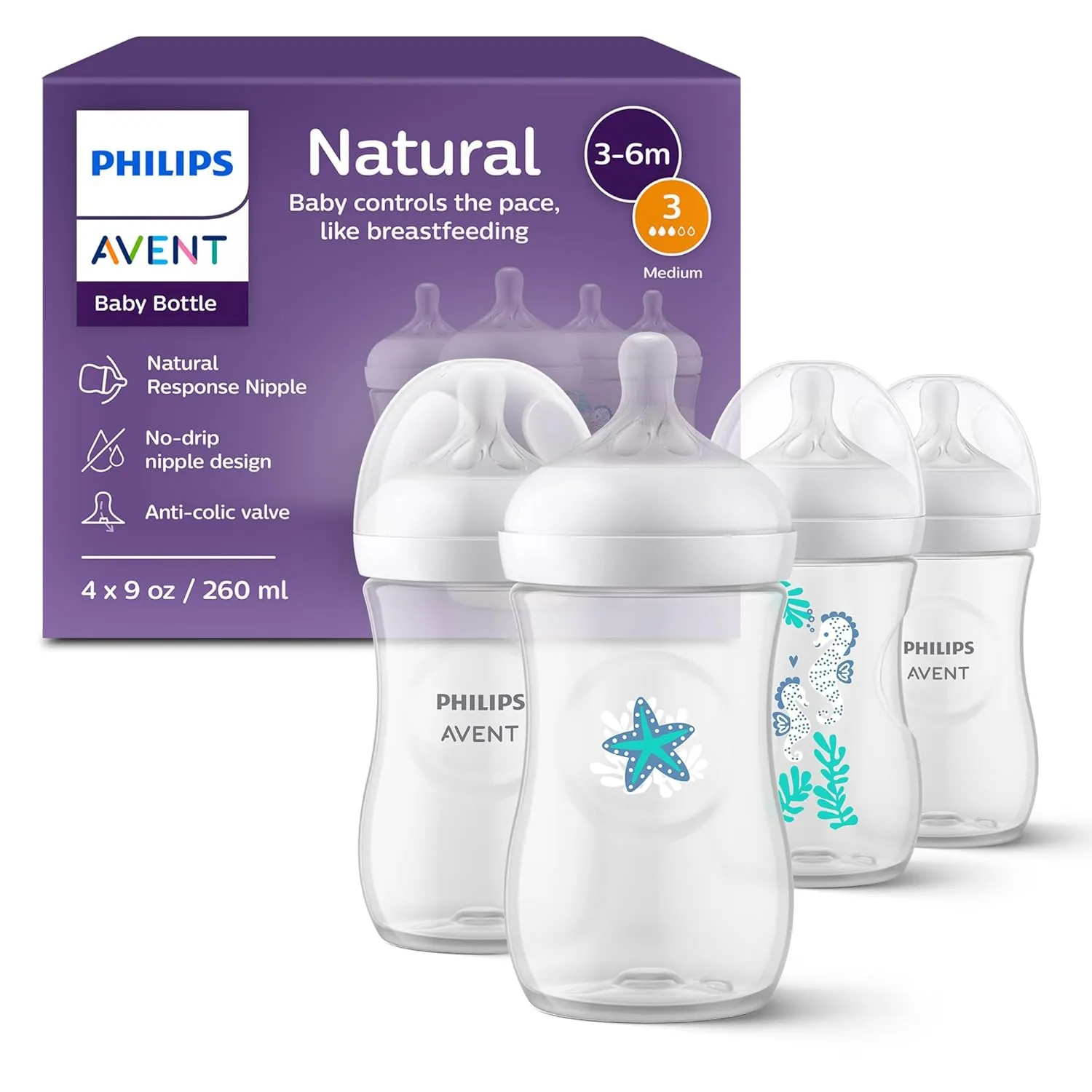 Philips Avent Natural Baby Bottles with Natural Response Nipples (Medium Flow, Flow 3), with Seahorse and Starfish Design, 9oz, 4-Pack, SCY903/68