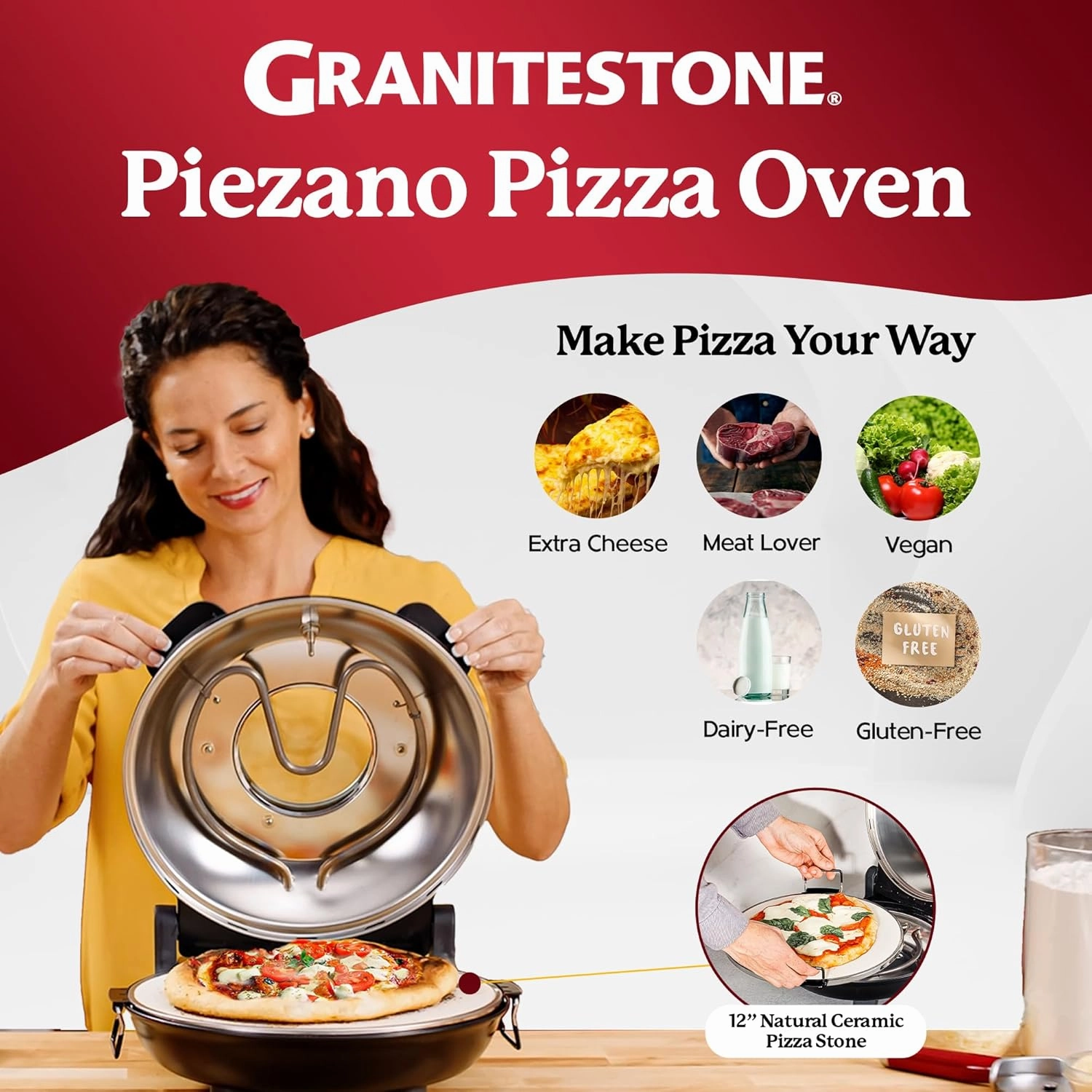 PIEZANO Crispy Crust Pizza Oven by Granitestone – 12 Inch Electric Pizza Oven Indoor Countertop Maker with Ceramic Stone Heats up to 800˚F for Stone Baked Pizzeria Style at Home As Seen on TV Products