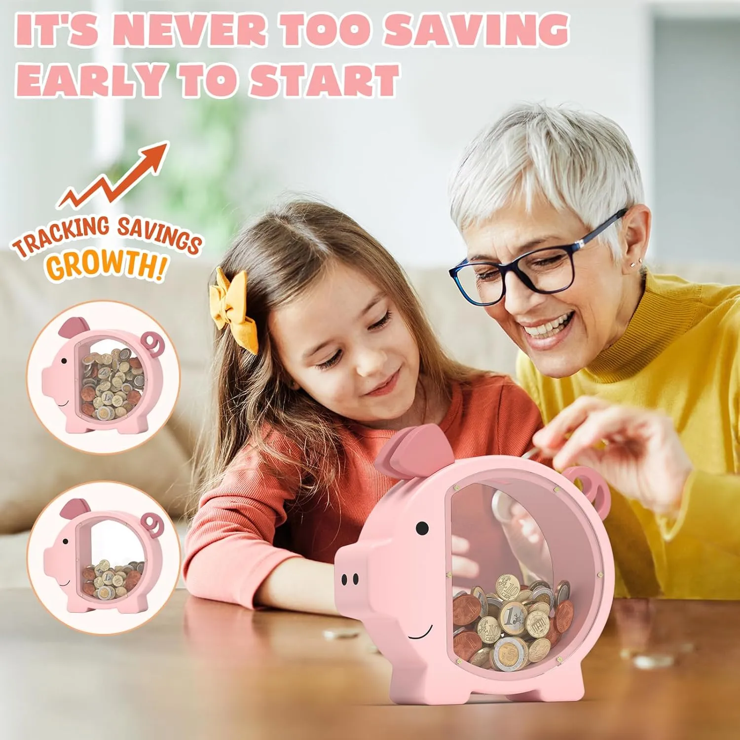 Pink Piggy Bank for Girls, Clear Piggy Bank for Kids,Large Animal Coin Bank, Unbreakable Wooden Money Bank for Toddler Real Money Toy Personalized for Child Birthday & Decor