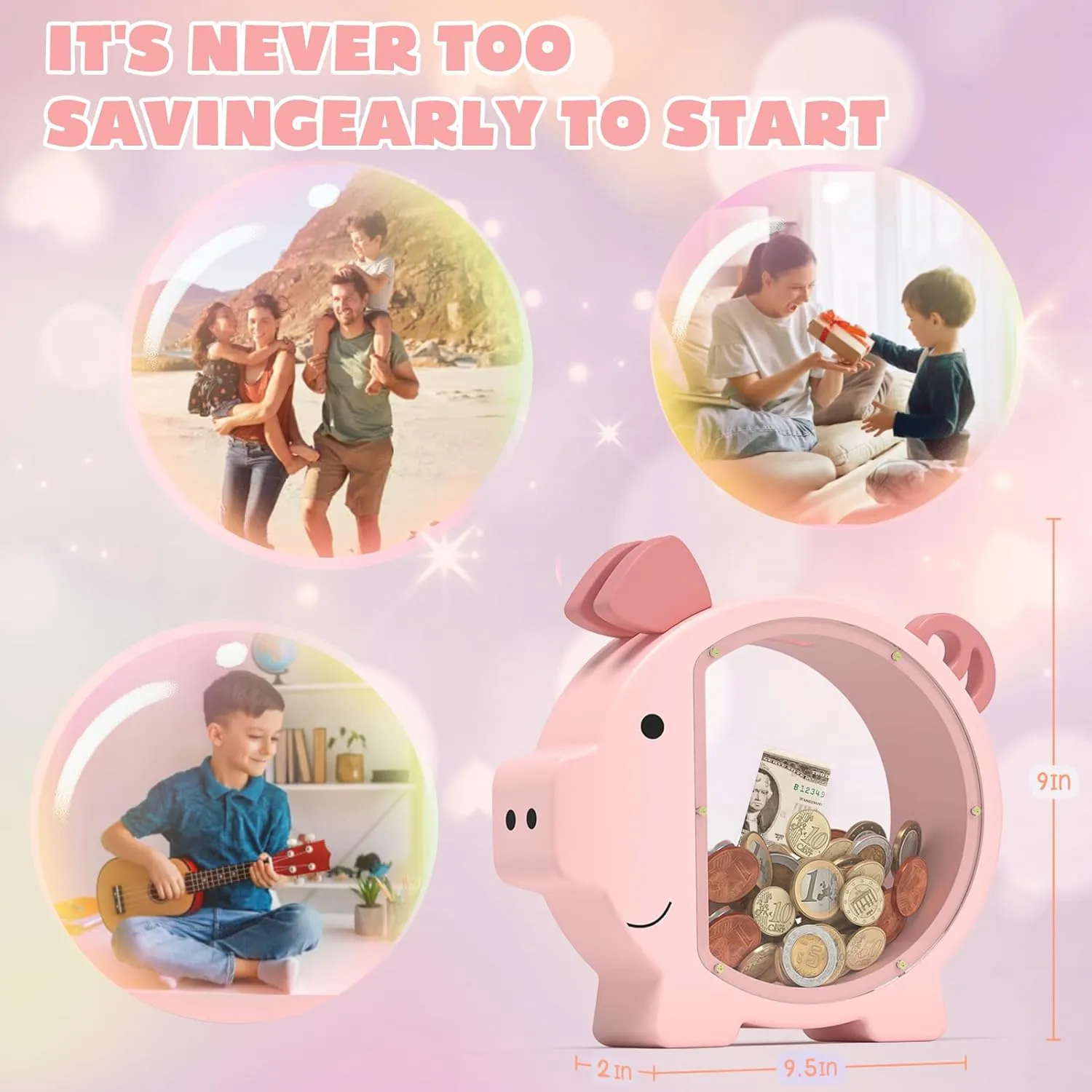 Pink Piggy Bank for Girls, Clear Piggy Bank for Kids,Large Animal Coin Bank, Unbreakable Wooden Money Bank for Toddler Real Money Toy Personalized for Child Birthday & Decor