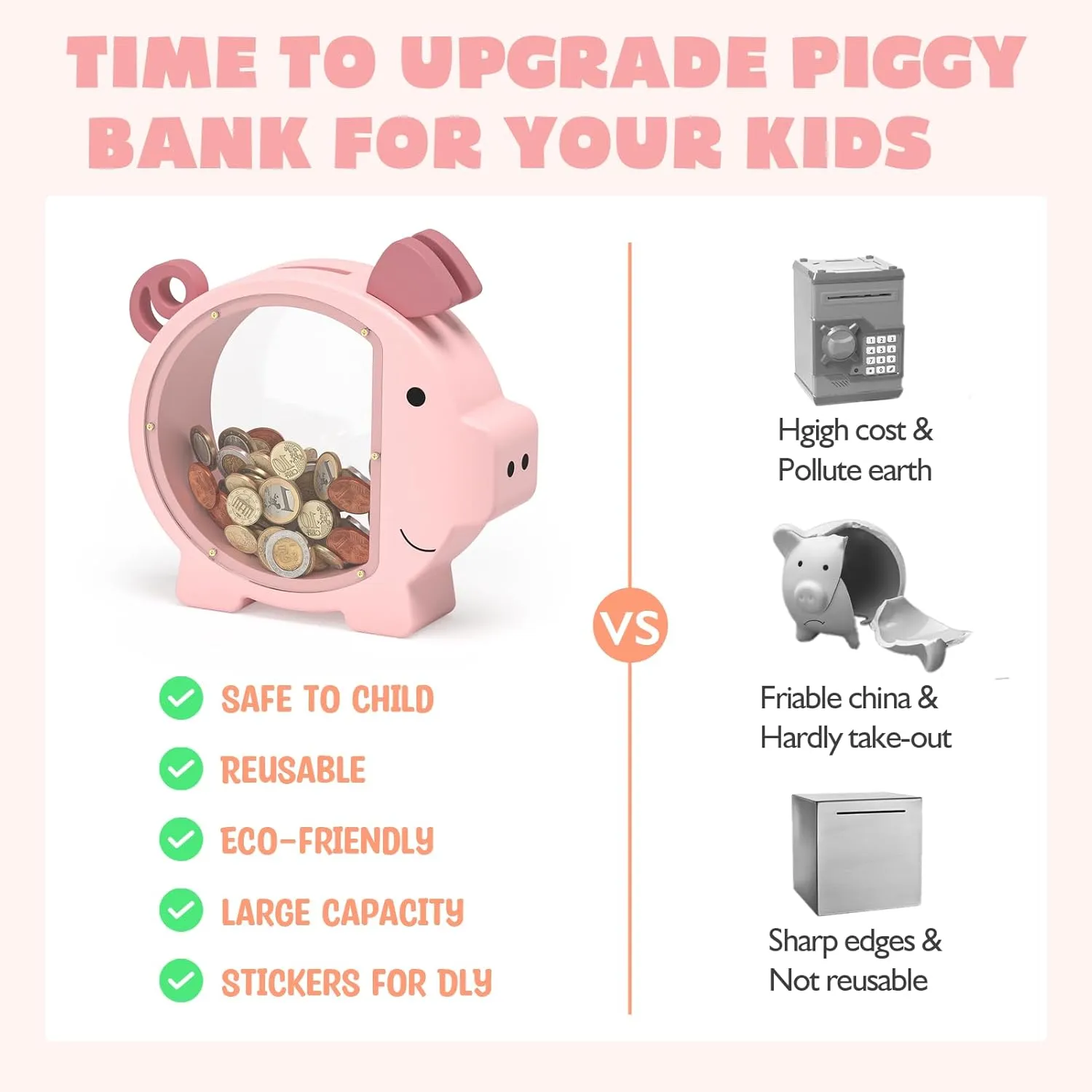 Pink Piggy Bank for Girls, Clear Piggy Bank for Kids,Large Animal Coin Bank, Unbreakable Wooden Money Bank for Toddler Real Money Toy Personalized for Child Birthday & Decor