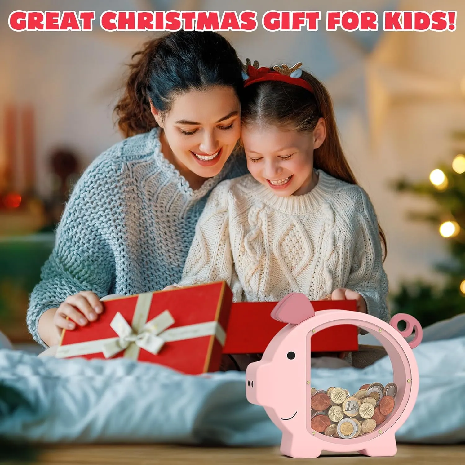 Pink Piggy Bank for Girls, Clear Piggy Bank for Kids,Large Animal Coin Bank, Unbreakable Wooden Money Bank for Toddler Real Money Toy Personalized for Child Birthday & Decor