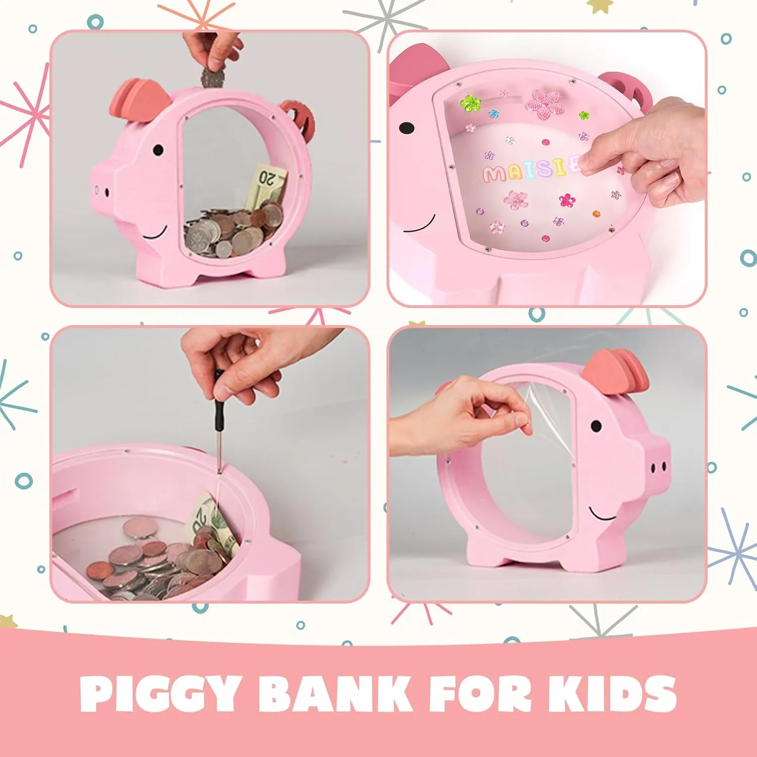 Pink Piggy Bank for Girls, Clear Piggy Bank for Kids,Large Animal Coin Bank, Unbreakable Wooden Money Bank for Toddler Real Money Toy Personalized for Child Birthday & Decor
