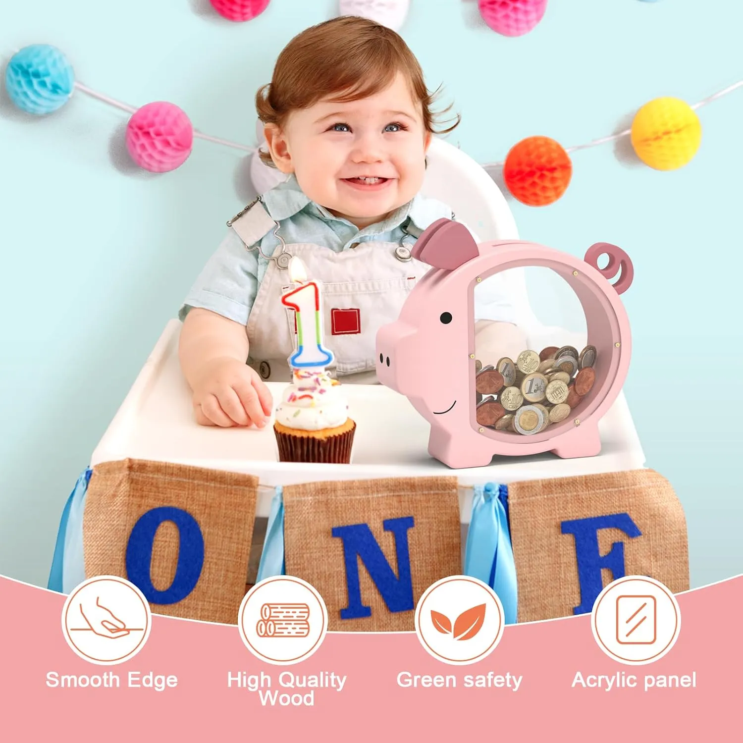 Pink Piggy Bank for Girls, Clear Piggy Bank for Kids,Large Animal Coin Bank, Unbreakable Wooden Money Bank for Toddler Real Money Toy Personalized for Child Birthday & Decor