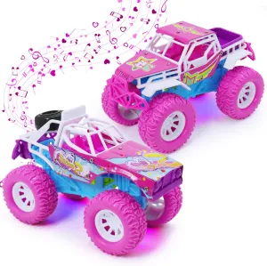 Pink Toys Car for Toddler Girl, 2 Pack 6.3 Inch Push and Go Vehicle Monster Toy Trucks for 3 4 5 6 Year Old Kids Gifts, with LED Lights,Music & Sound,Christmas Birthday Valentine's Day Gift for Kids