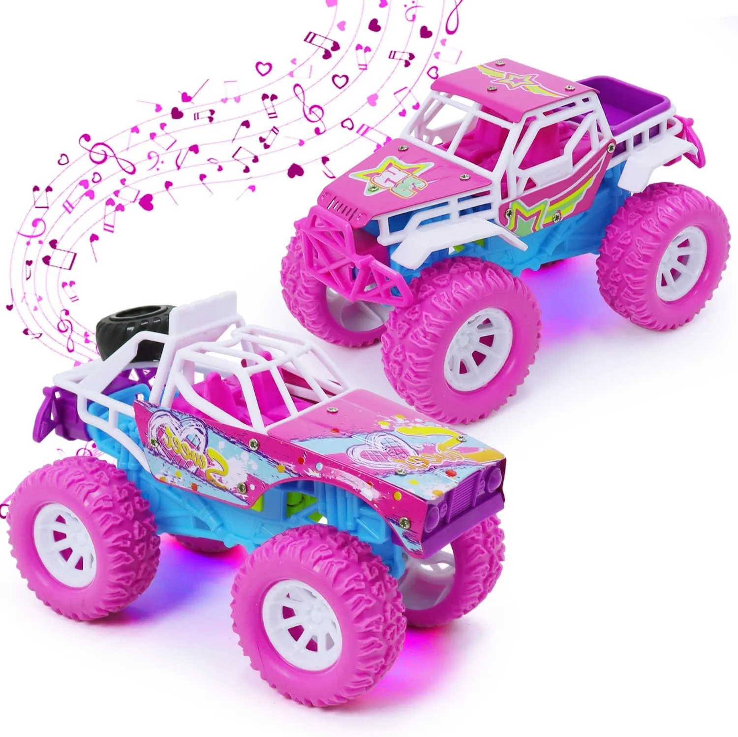 Pink Toys Car for Toddler Girl, 2 Pack 6.3 Inch Push and Go Vehicle Monster Toy Trucks for 3 4 5 6 Year Old Kids Gifts, with LED Lights,Music & Sound,Christmas Birthday Valentine's Day Gift for Kids