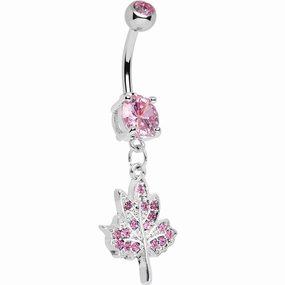 Pink Gem Icy Leaf Drop Charm Belly Ring