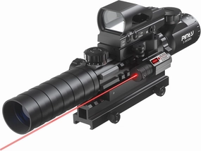 PINTY Rifle Scope Red Dot Laser Combo - 4in1 Gun Set: 3-9x32 Illuminated Hunting Scope, Green or Red Dot, Red Laser Sight, Pic Riser Mount - Tactical