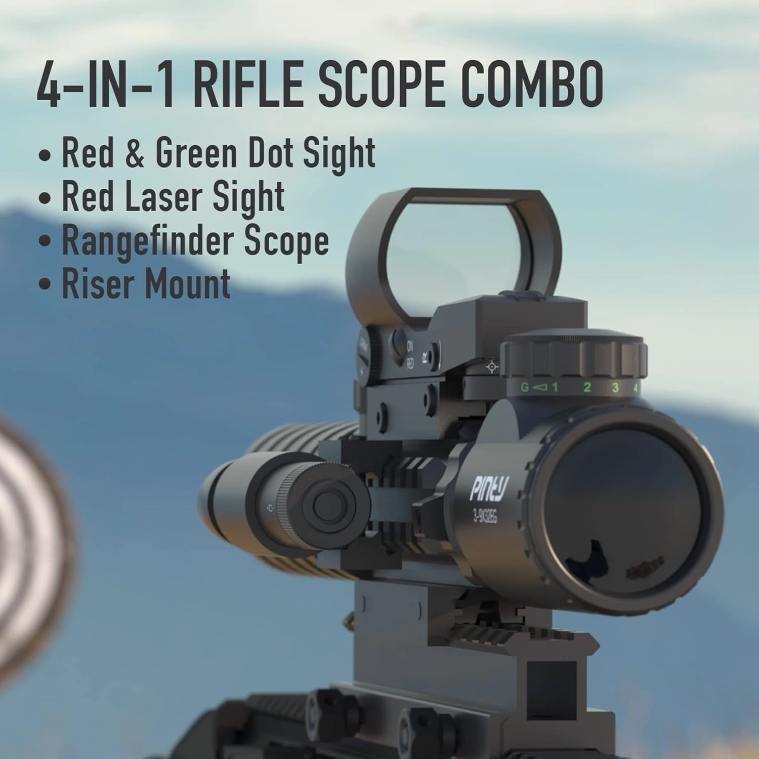 PINTY Rifle Scope Red Dot Laser Combo - 4in1 Gun Set: 3-9x32 Illuminated Hunting Scope, Green or Red Dot, Red Laser Sight, Pic Riser Mount - Tactical