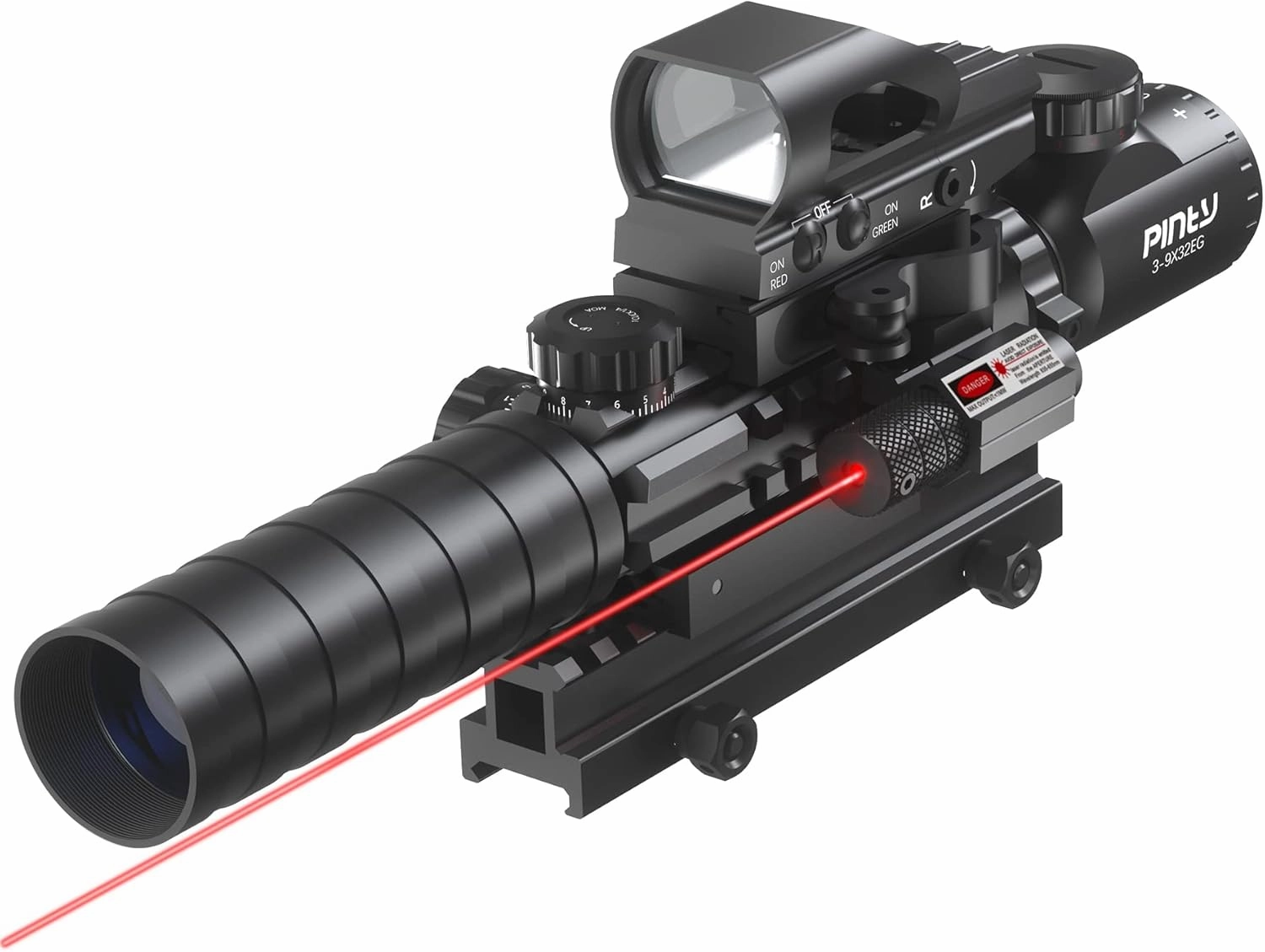 PINTY Rifle Scope Red Dot Laser Combo - 4in1 Gun Set: 3-9x32 Illuminated Hunting Scope, Green or Red Dot, Red Laser Sight, Pic Riser Mount - Tactical