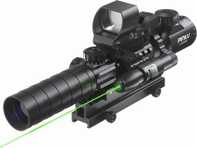 PINTY Rifle Scope Red Dot Laser Combo - 4in1 Gun Set: 3-9x32 Illuminated Hunting Scope, Green or Red Dot, Red Laser Sight, Pic Riser Mount - Tactical