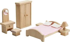 PlanToys Wooden Classic Line of Dollhouse Furniture- Parent's Master Bedroom Set (9016) | Sustainably Made from Rubberwood and Non-Toxic Paints and Dyes | PlanNatural Classic Wooden Toy Collection
