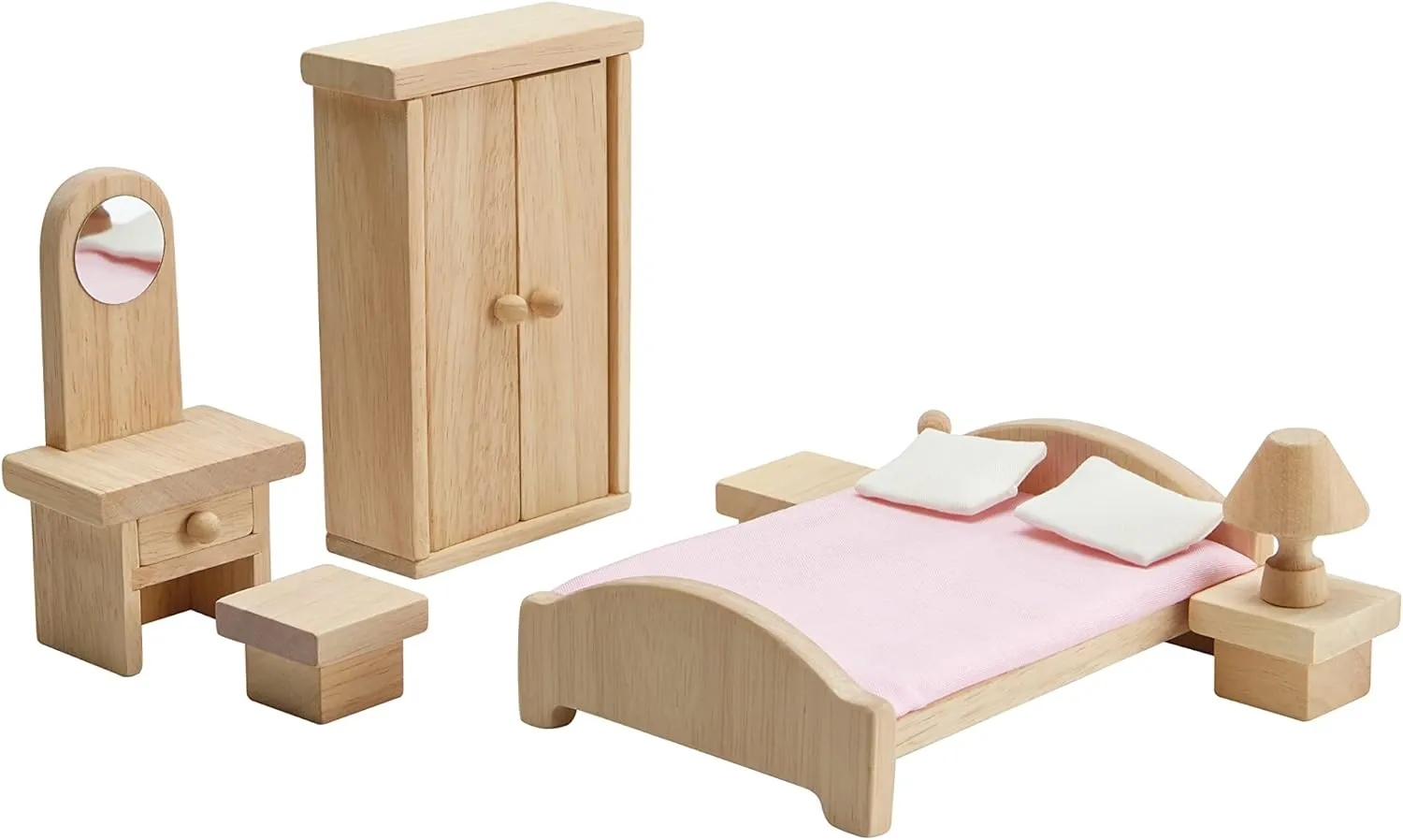 PlanToys Wooden Classic Line of Dollhouse Furniture- Parent's Master Bedroom Set (9016) | Sustainably Made from Rubberwood and Non-Toxic Paints and Dyes | PlanNatural Classic Wooden Toy Collection