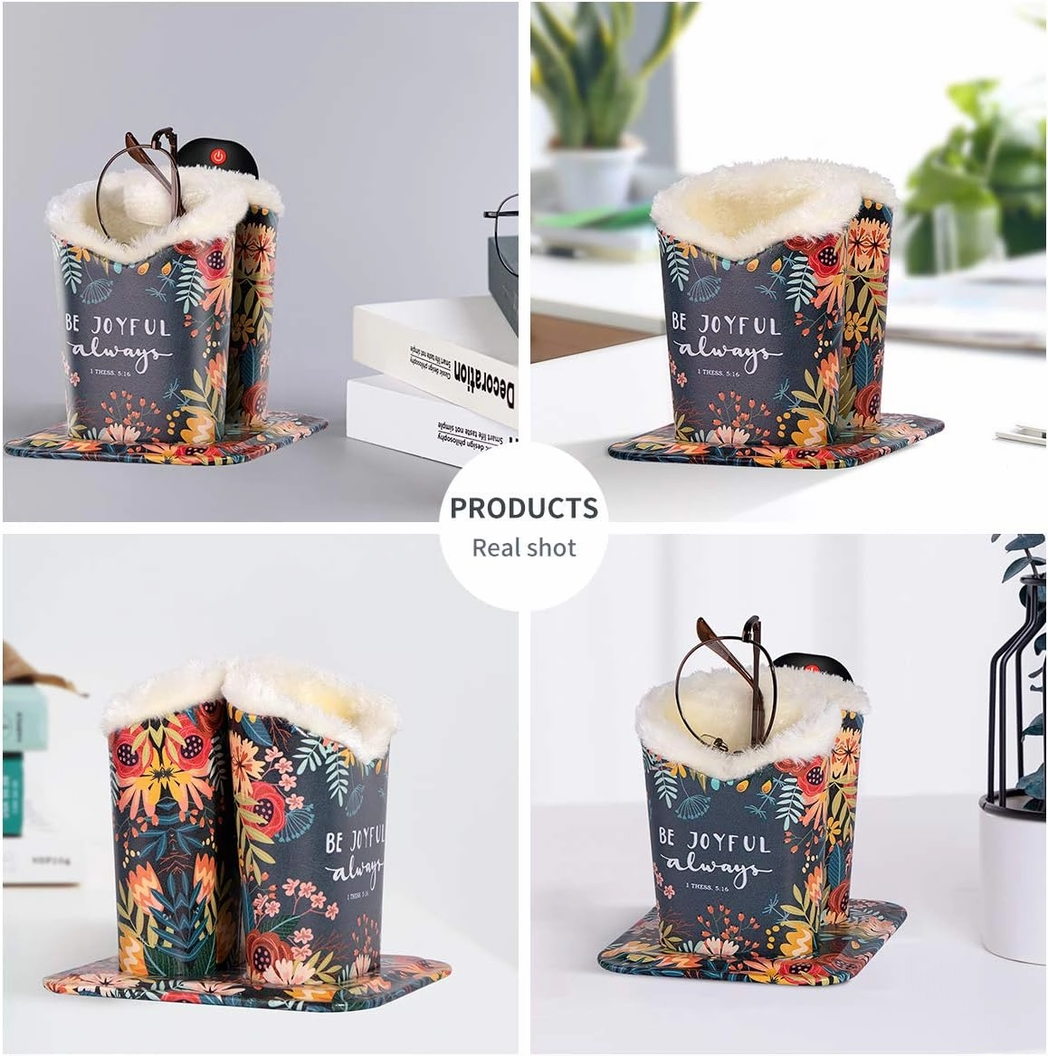 Plush Fluffy Lined Double Eyeglasses Holder Stand Protective Glasses Holder Case Rests Securely on Desk or Nightstand