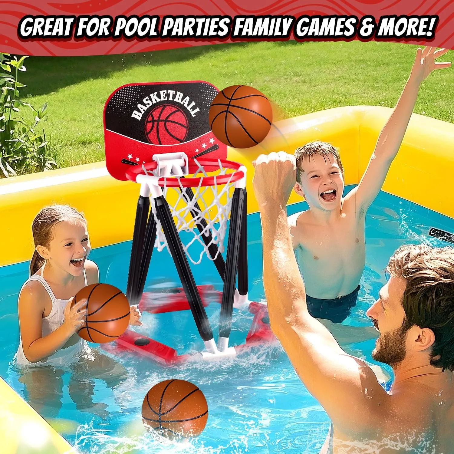 Pool Basketball Hoop Toys, Floating Basketball Hoop Pool Game with 4 Basketballs, Swimming Floats Toys with Balls Pump, Summer Outdoor Pool Water Play Toy for Kids and Adults (Red)