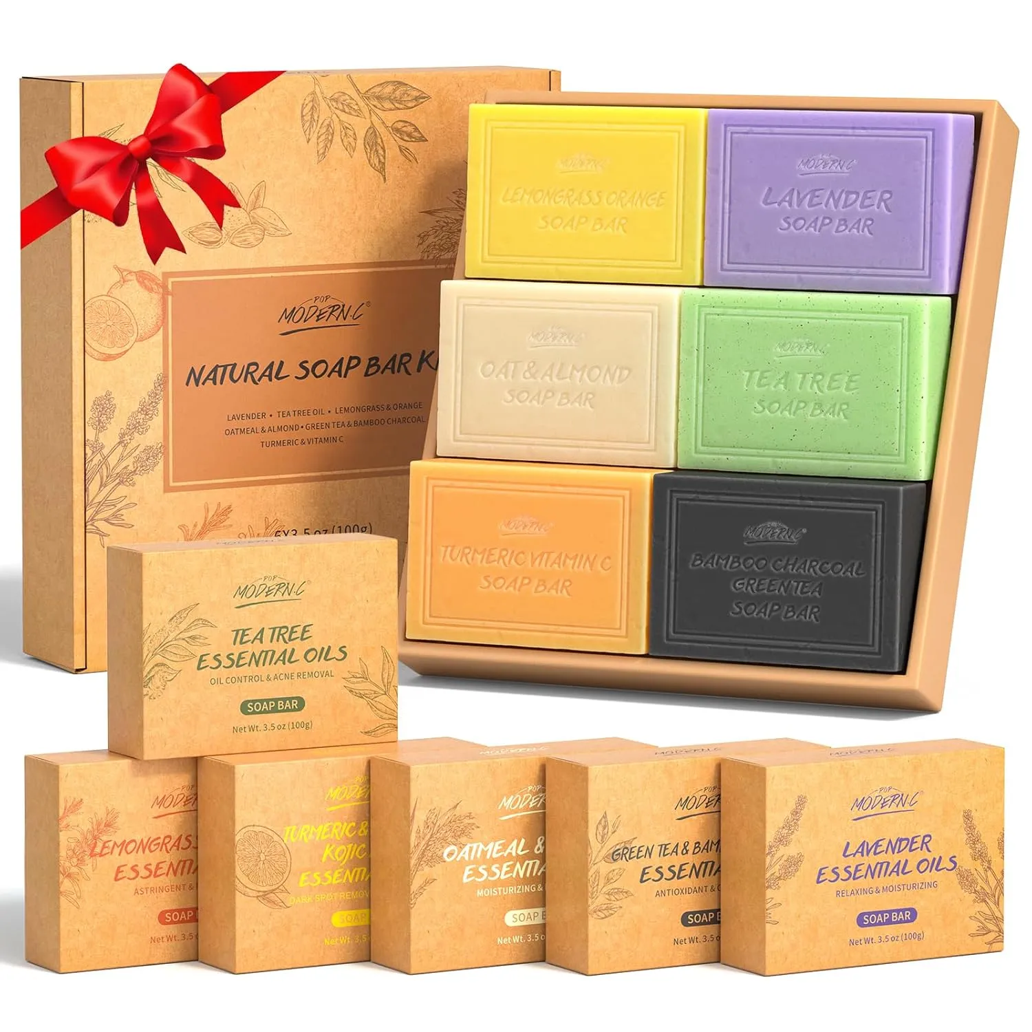 POP MODERN.C Natural Soap Bar Gift Set Body Wash Soap Bars Organic Soaps For Women & Men Lavender, Tea Tree, Lemongrass Orange, Oatmeal Almond, Green Tea Bamboo Charcoal, Turmeric 6x3.5oz