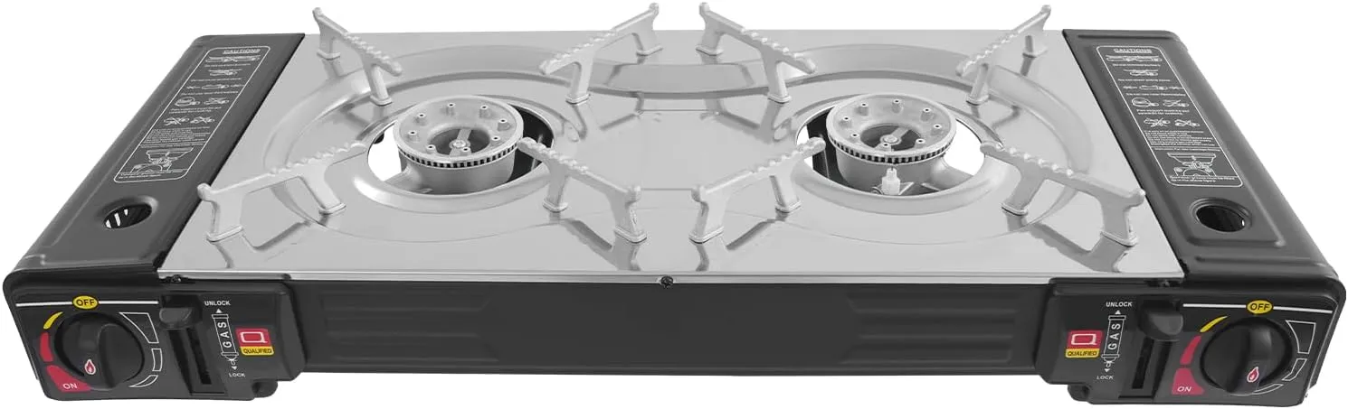Portable Camping Stove with Baking Pan & Carrying Case & Connector, 2 Burners Butane/Gas Stoves for Indoor Outdoor Cooking, Black