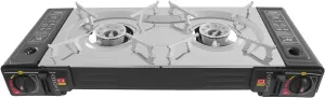 Portable Camping Stove with Baking Pan & Carrying Case & Connector, 2 Burners Butane/Gas Stoves for Indoor Outdoor Cooking, Black