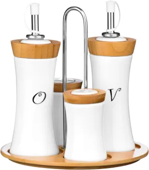 Premier Housewares 1103947 4-Piece Bamboo/Ceramic Concave Condiment Set,White,H19 x W19 x D9cm
