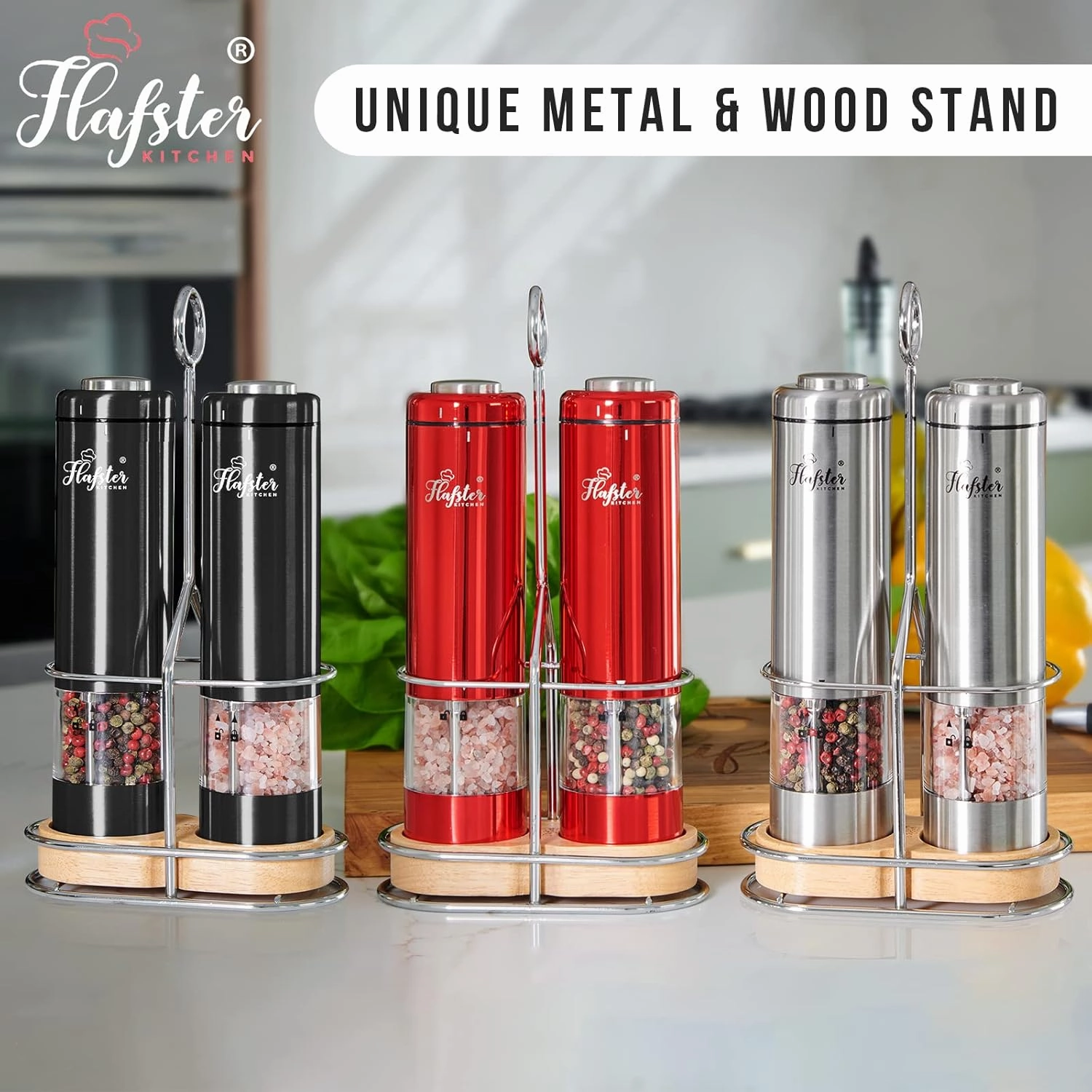 Premium Electric Salt and Pepper Grinder Set with Adjustable Coarseness, Battery-Operated Stainless Steel Design, One-Hand Operation, LED Light, and Spill-Proof Base – Ideal for Kitchen and Dining​