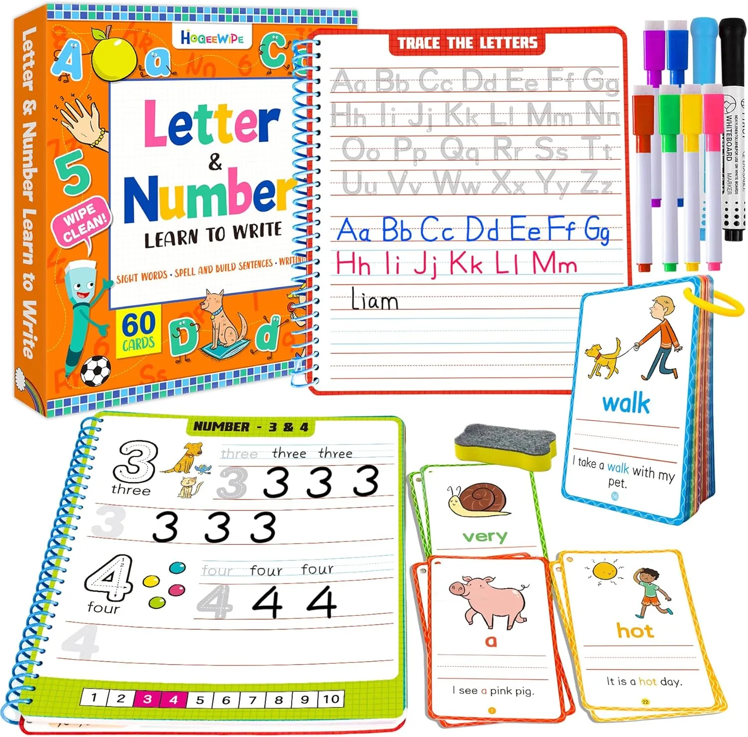 Preschool Learning Activities - 60 Reusable Cards, Pre-K Kindergarten Workbook, Autism Supplies Montessori Educational Game, Sight Words & Handwriting Practice Book for Kids Ages 3 4 5 6