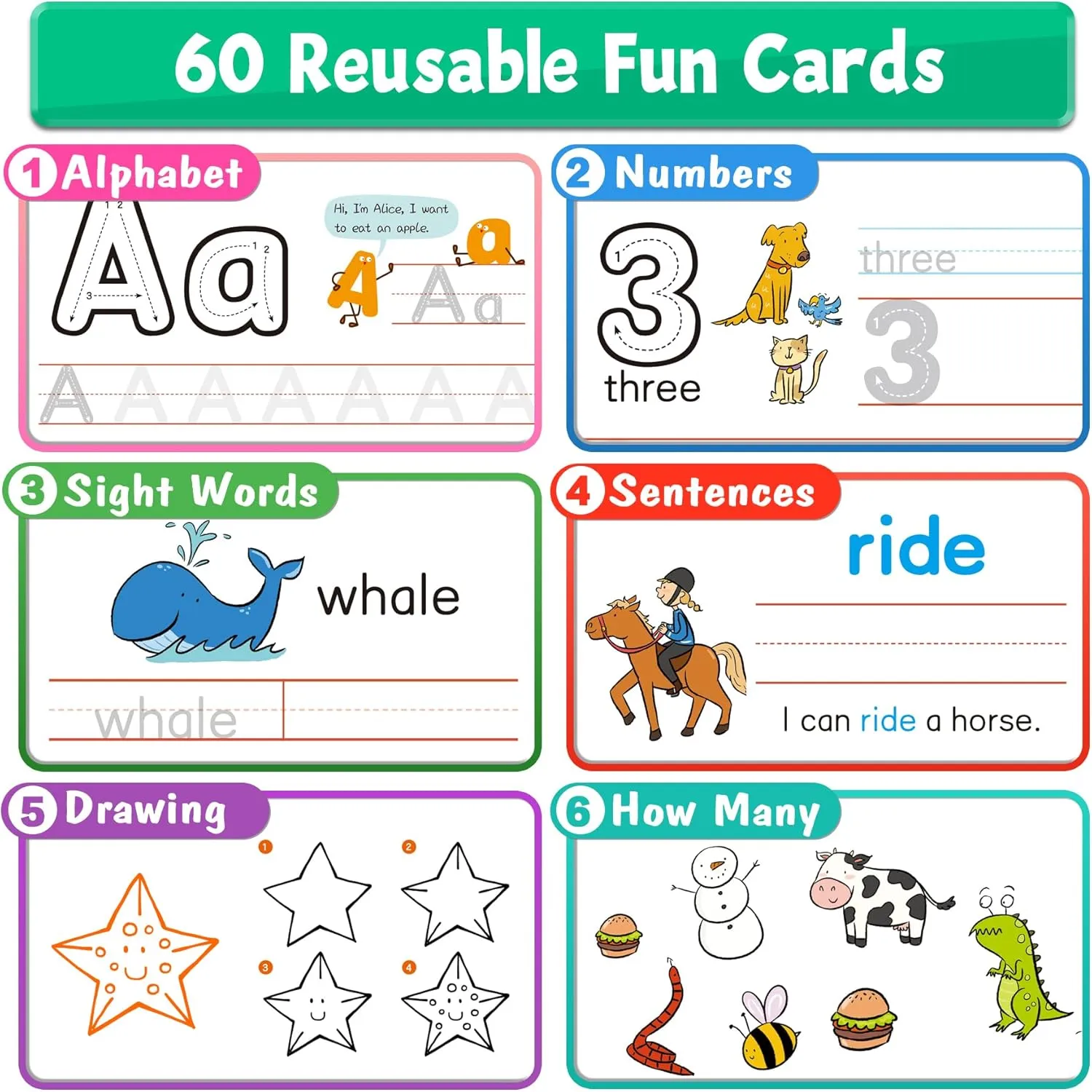 Preschool Learning Activities - 60 Reusable Cards, Pre-K Kindergarten Workbook, Autism Supplies Montessori Educational Game, Sight Words & Handwriting Practice Book for Kids Ages 3 4 5 6