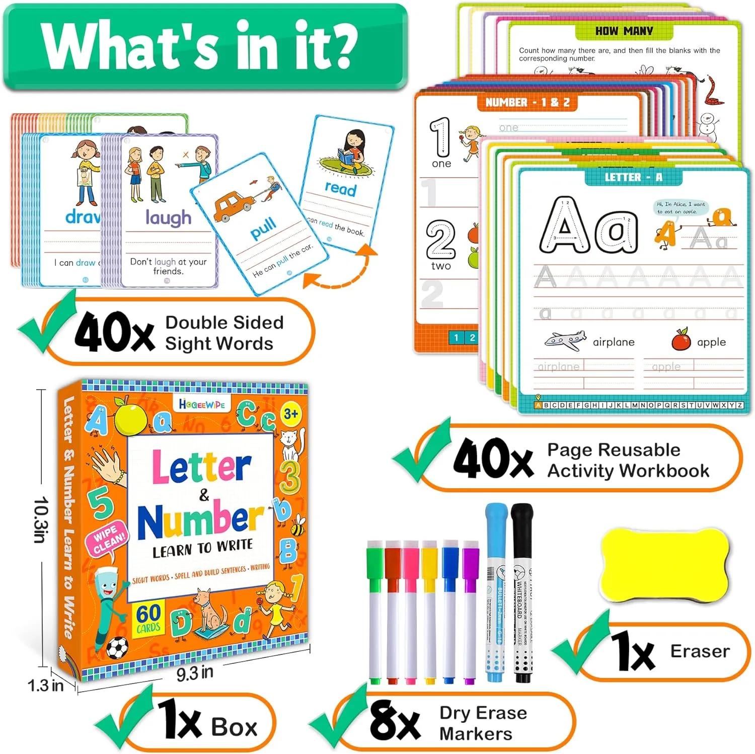 Preschool Learning Activities - 60 Reusable Cards, Pre-K Kindergarten Workbook, Autism Supplies Montessori Educational Game, Sight Words & Handwriting Practice Book for Kids Ages 3 4 5 6