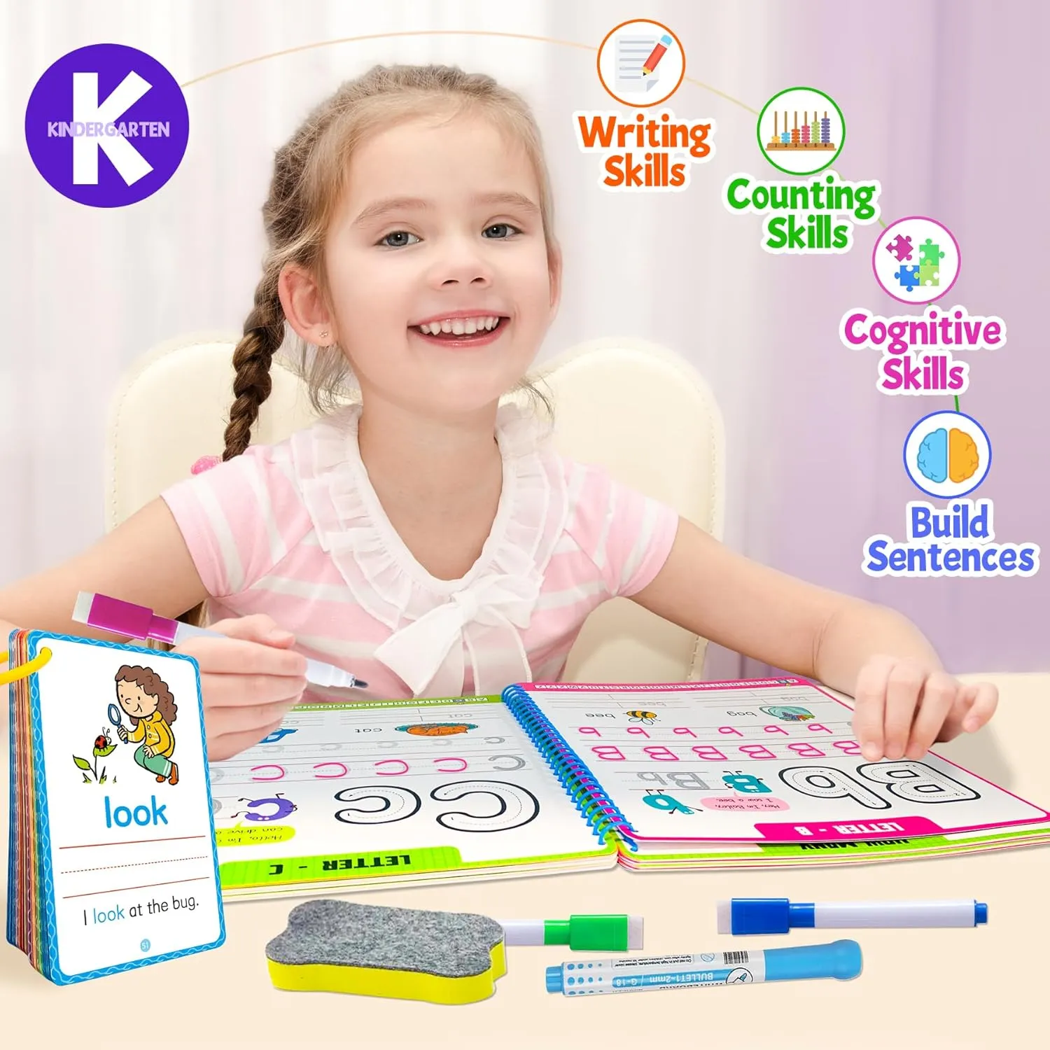 Preschool Learning Activities - 60 Reusable Cards, Pre-K Kindergarten Workbook, Autism Supplies Montessori Educational Game, Sight Words & Handwriting Practice Book for Kids Ages 3 4 5 6