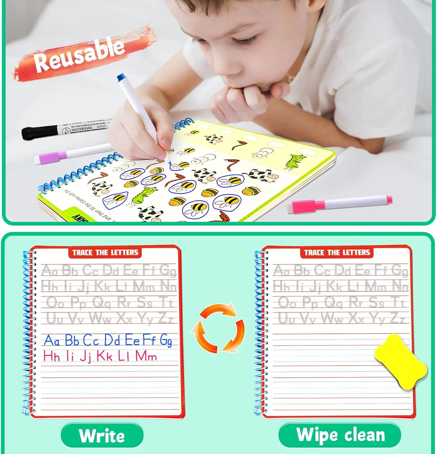 Preschool Learning Activities - 60 Reusable Cards, Pre-K Kindergarten Workbook, Autism Supplies Montessori Educational Game, Sight Words & Handwriting Practice Book for Kids Ages 3 4 5 6