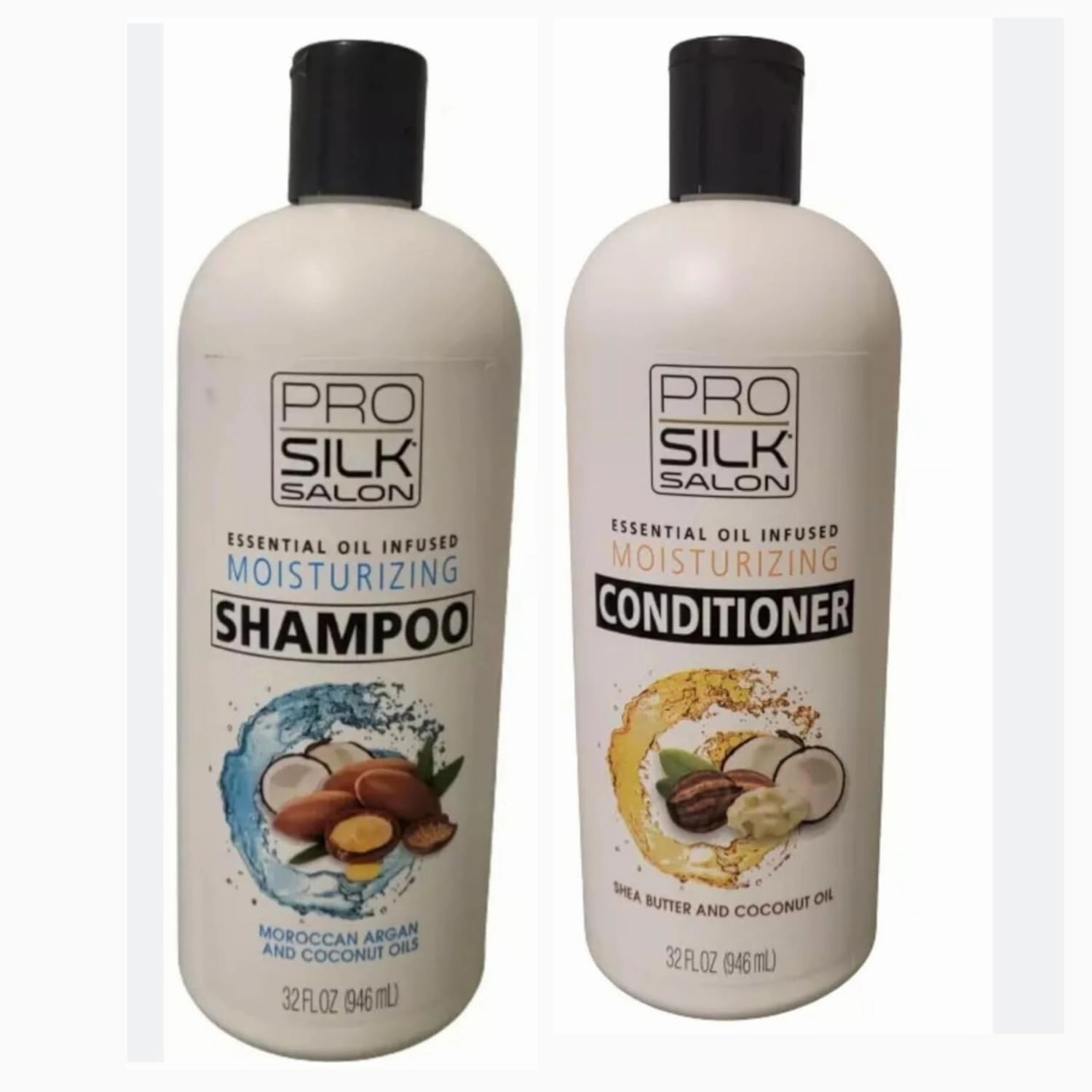 Pro Silk Salon Moisturizing Shampoo and Conditioner Set, Essential Oil Infused, Moroccan Argan and Coconut Oils, 32 fl oz, 2 piece set