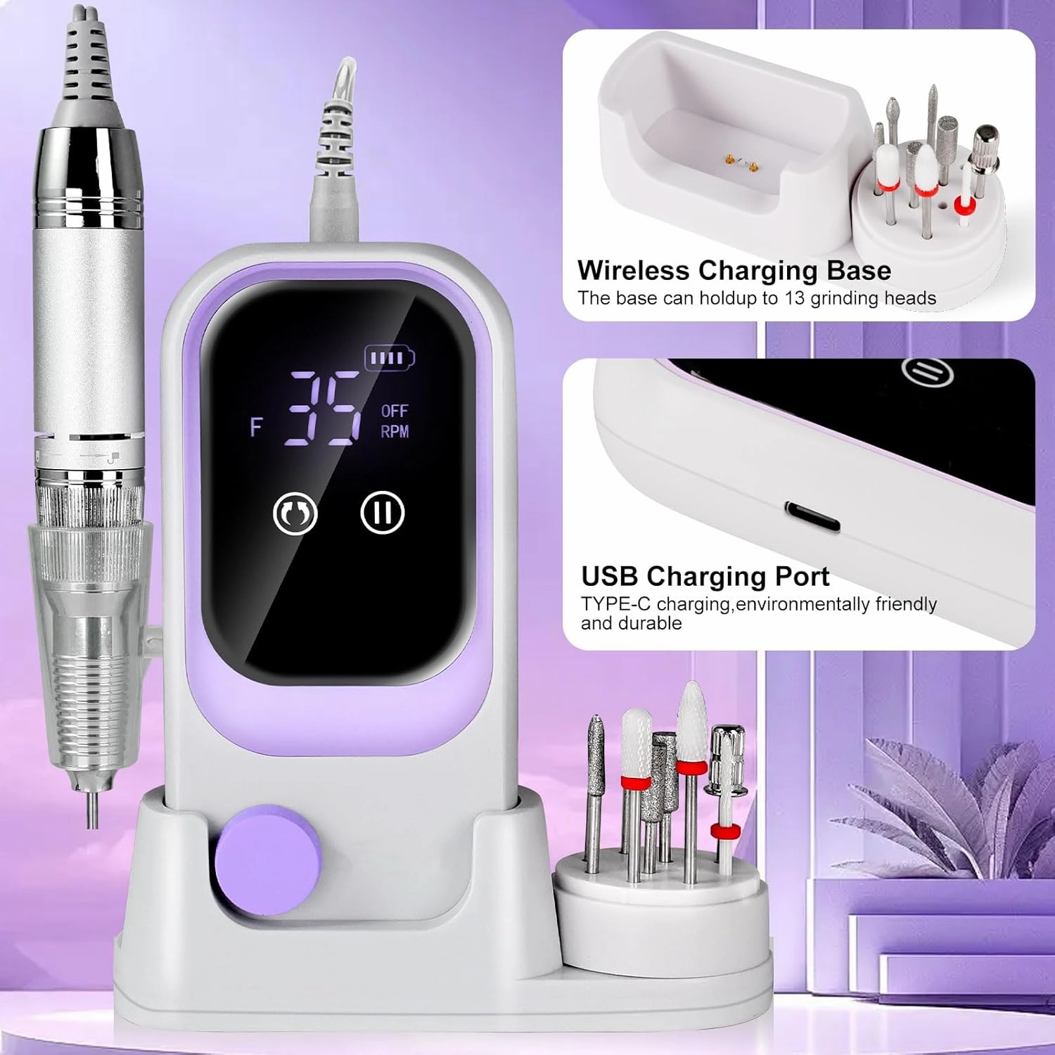 Professional Electric Nail Drill, 35000RPM with Rechargeable Base, Bits, Files and Buffers, for Acrylic Nail Removal, Salon & Home Use (Purple)