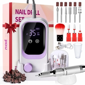 Professional Electric Nail Drill, 35000RPM with Rechargeable Base, Bits, Files and Buffers, for Acrylic Nail Removal, Salon & Home Use (Purple)