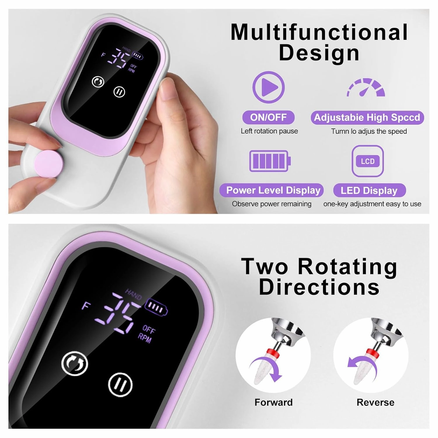 Professional Electric Nail Drill, 35000RPM with Rechargeable Base, Bits, Files and Buffers, for Acrylic Nail Removal, Salon & Home Use (Purple)