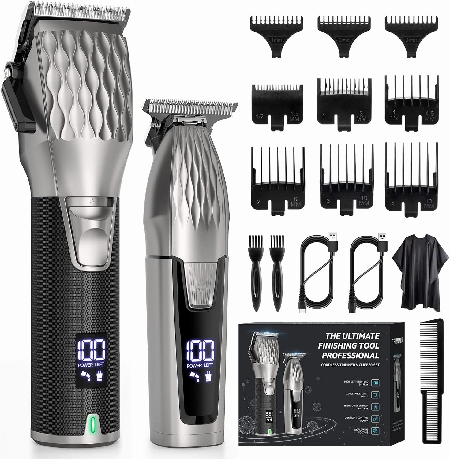 Professional Hair Clippers for Men, Professional Barber Clippers and Trimmer Set, Cordless Beard Trimmer Haircut Grooming Kit Gift for Men Women Kids Grey