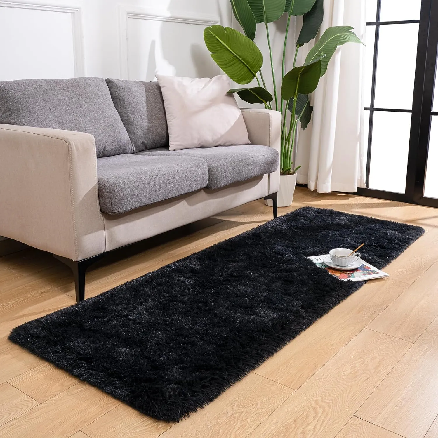 Przemy Fluffy Runner Rug for Bedroom Living Room, 2x6 Feet Black Shag Area Rugs, Soft Fuzzy Carpet for Bedside Nursery Kids Room College Dorm, Plush Throw Rug for Home Decor