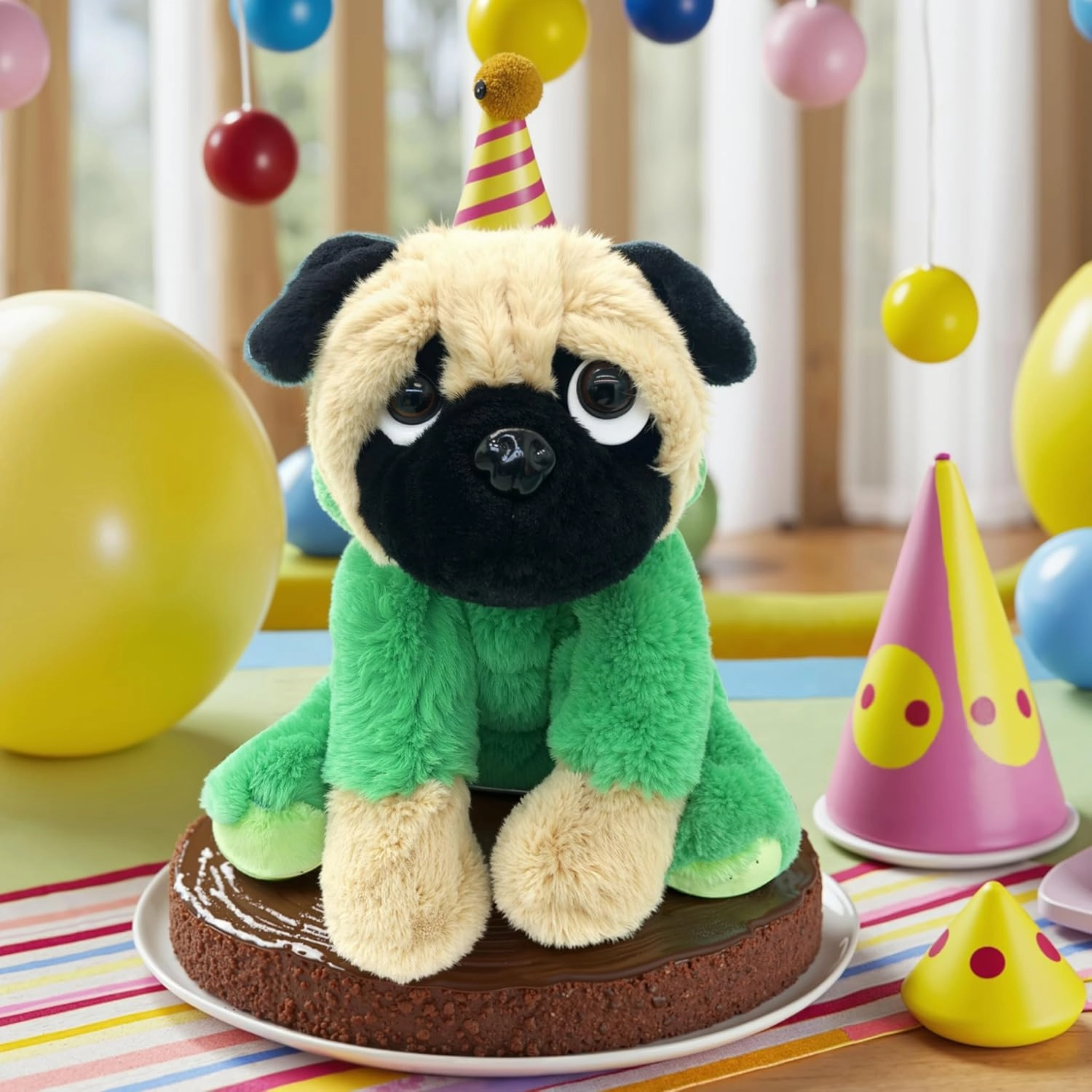 Pug Stuffed Animal Dressed Up as a Frog, Plush Soft Toy Cute Fluffy Froggy Plushie Costume Puppy, Perfect Easter Basket Stuffers Gift for Kids, Party Suppliers