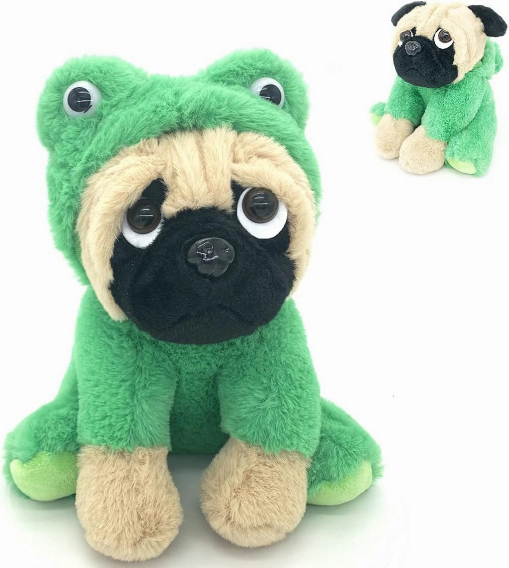 Pug Stuffed Animal Dressed Up as a Frog, Plush Soft Toy Cute Fluffy Froggy Plushie Costume Puppy, Perfect Easter Basket Stuffers Gift for Kids, Party Suppliers