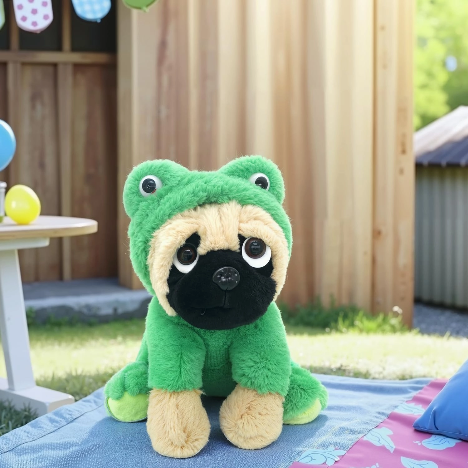 Pug Stuffed Animal Dressed Up as a Frog, Plush Soft Toy Cute Fluffy Froggy Plushie Costume Puppy, Perfect Easter Basket Stuffers Gift for Kids, Party Suppliers