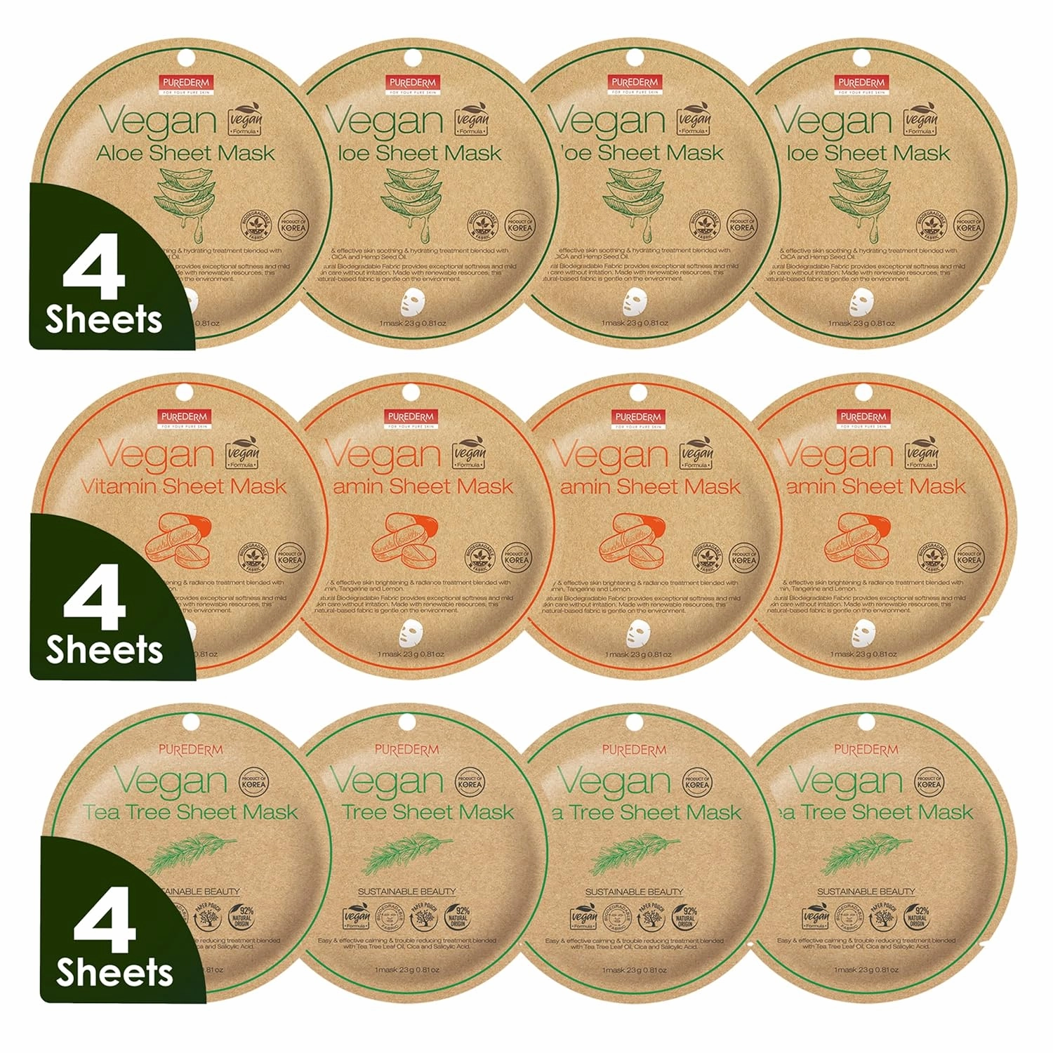 Purederm Vegan Facial Sheet Masks Trio (12 Packs) – Face Masks Skincare for Dry, Dehydrated and Dull Skin