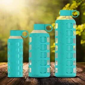 purifyou Glass Water Bottle Bundle with Time & Volume Markings: This set includes three reusable glass bottles in Aqua Blue (12oz, 22oz, 32oz) designed to assist you in tracking your hydration