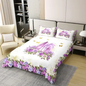 Purple High Heels 100% Natural Cotton Duvet Cover Set King Size Romantic Garden Flowers Comforter Cover with 2 Pillowcases Watercolor Oil Paint Print Bedding Set for Bedroom Birthday Gifts