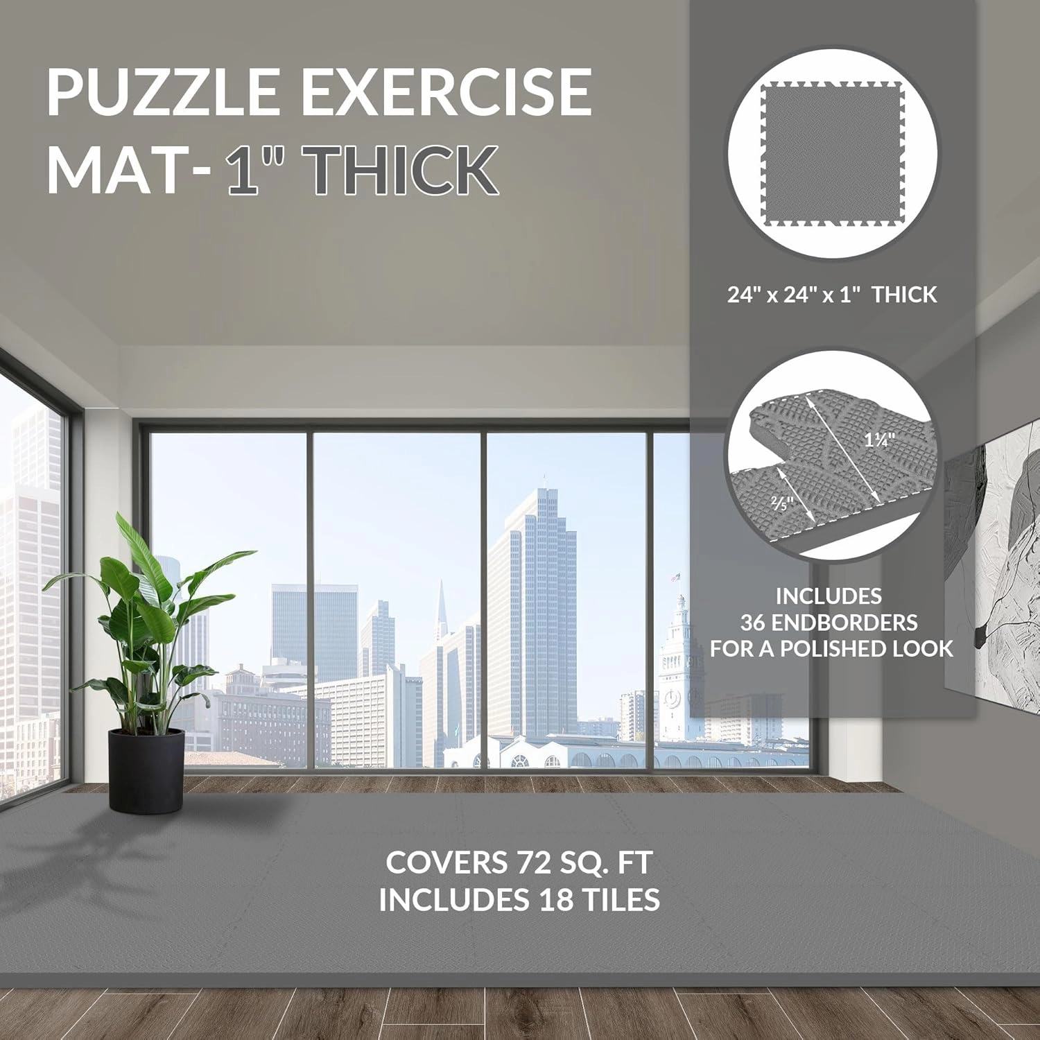 Puzzle Exercise Mat with EVA Foam Interlocking Tiles, Gray, 1” Thick, 18 Tiles, 72 Sq Ft