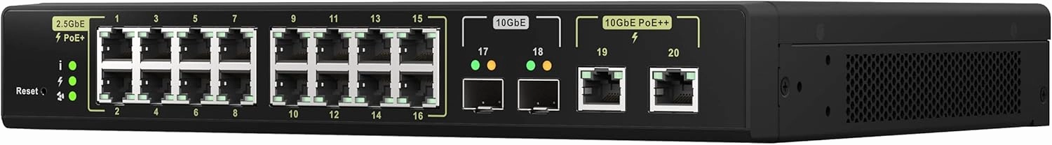 QNAP 20-Port 10GbE PoE   and 2.5GbE PoE  Managed Network Switch (QSW-M2116P-2T2S-US). Layer 2, Web Management