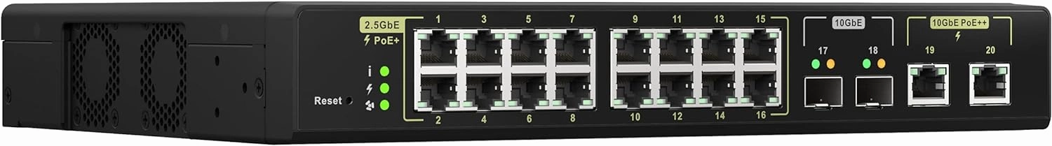 QNAP 20-Port 10GbE PoE   and 2.5GbE PoE  Managed Network Switch (QSW-M2116P-2T2S-US). Layer 2, Web Management